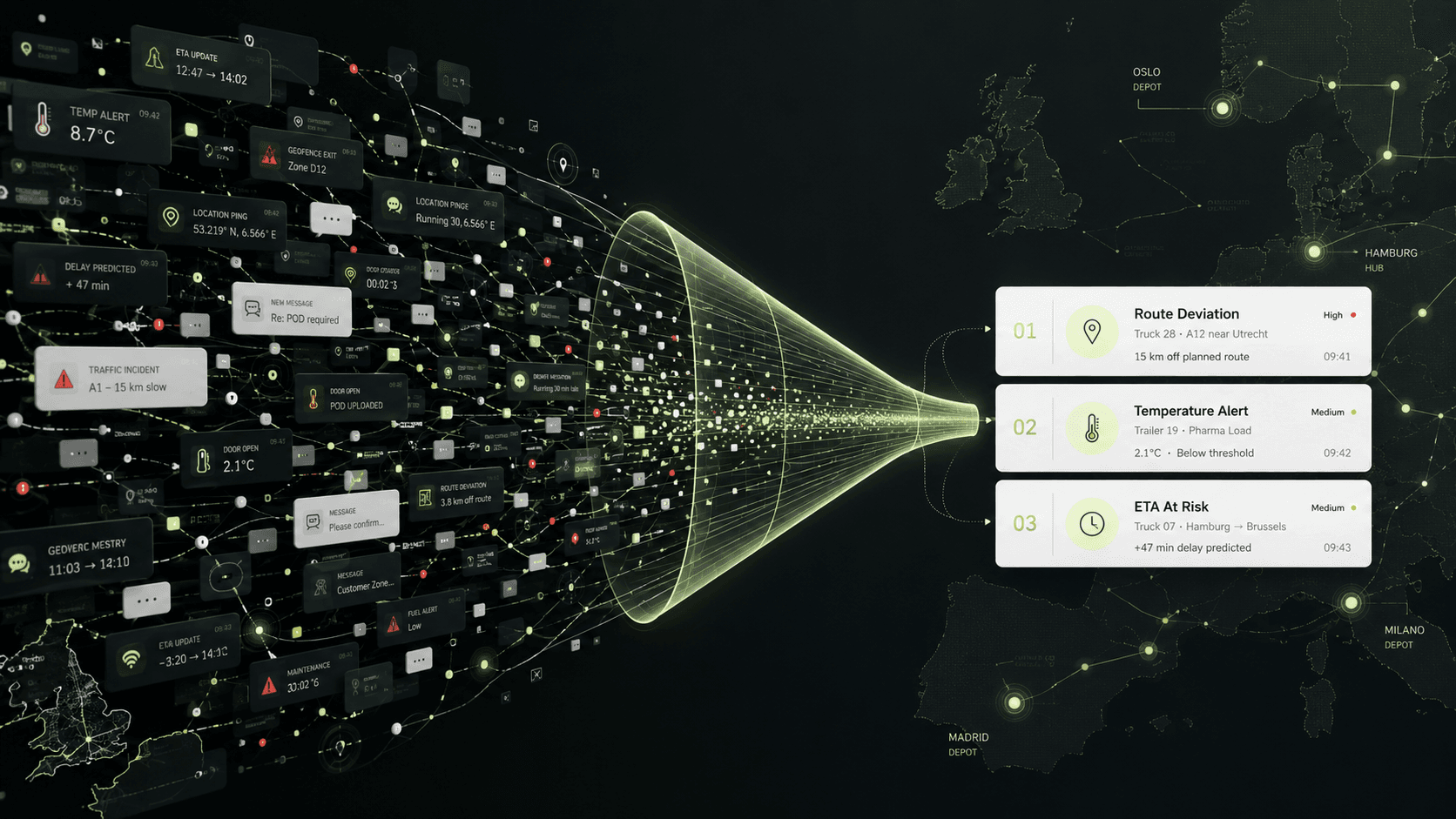 Abstract logistics data funnel showing hundreds of transport alerts, GPS signals and ETA updates being filtered into three prioritized road freight exceptions on a European network map.