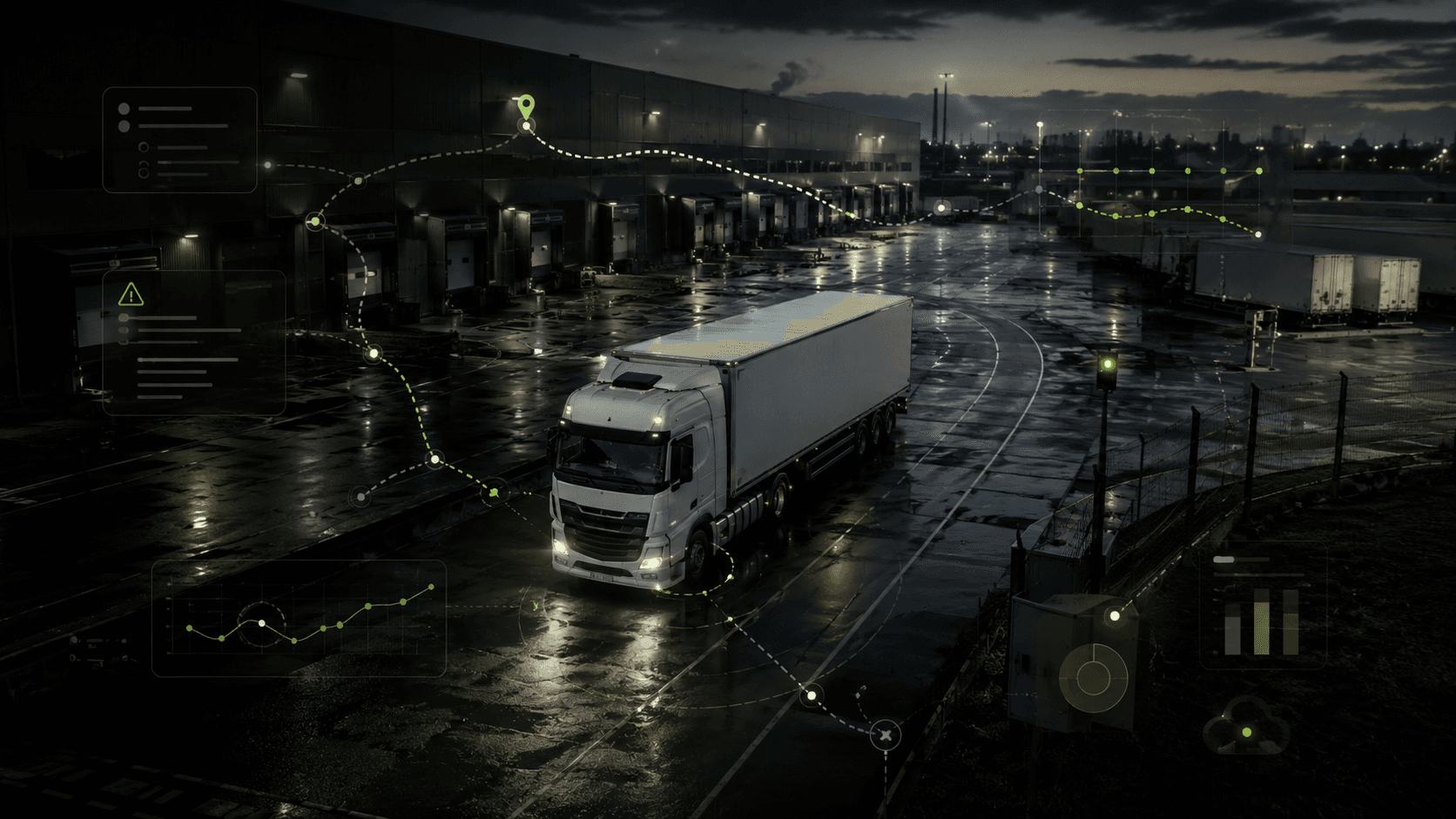 Photorealistic night scene of a semi-truck in a wet European logistics yard, overlaid with fragmented green data lines and subtle tracking panels symbolizing poor transport data quality, wrong ETAs, coverage gaps, invoice disputes, and unreliable operational visibility.