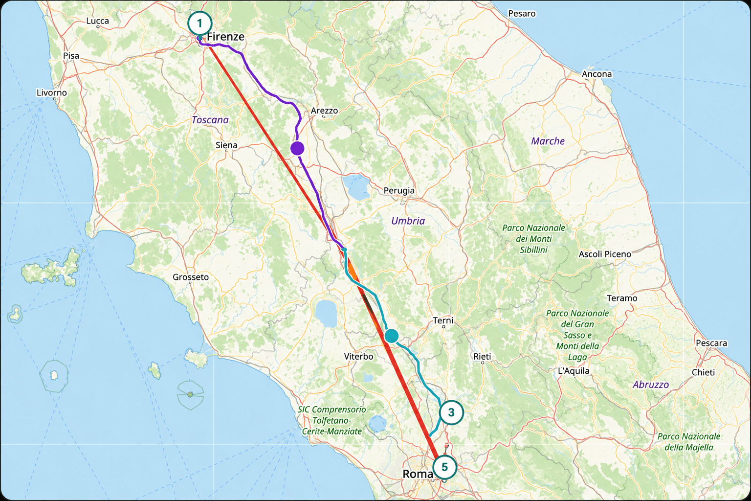 CO3 dashboard showing a relay swap route from Florence to Rome — two tractors, three legs, one continuous trailer   journey