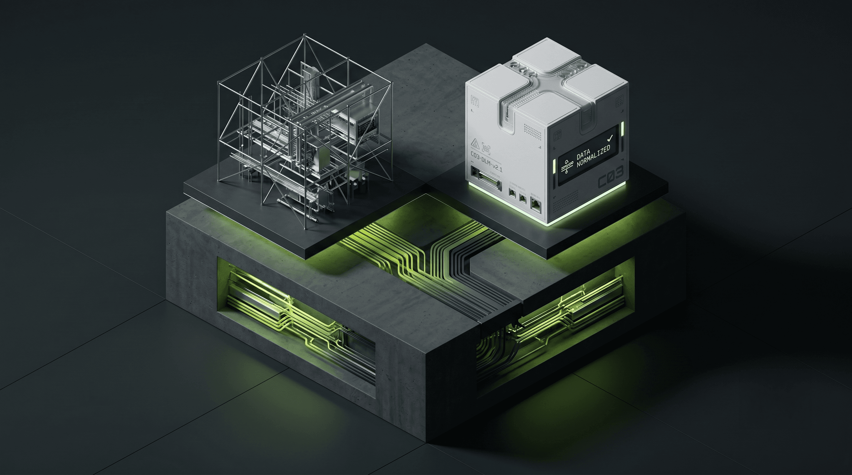 Isometric 3D render of the CO3 data layer model — a concrete platform with lime-green glowing data cables running through internal channels, topped by two objects: a wireframe scaffold structure on the left representing raw, fragmented telematics inputs, and a compact industrial hardware unit labeled CO3-DLM v2.1 with a "DATA NORMALIZED" status display on the right, symbolizing unified output.