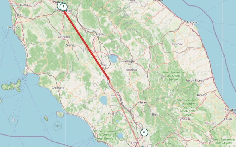 Animated map showing CO3 detecting a relay swap on the Firenze–Roma route: tractor 1 hands off to tractor 2 at the midpoint, two separate legs reconstructed automatically.