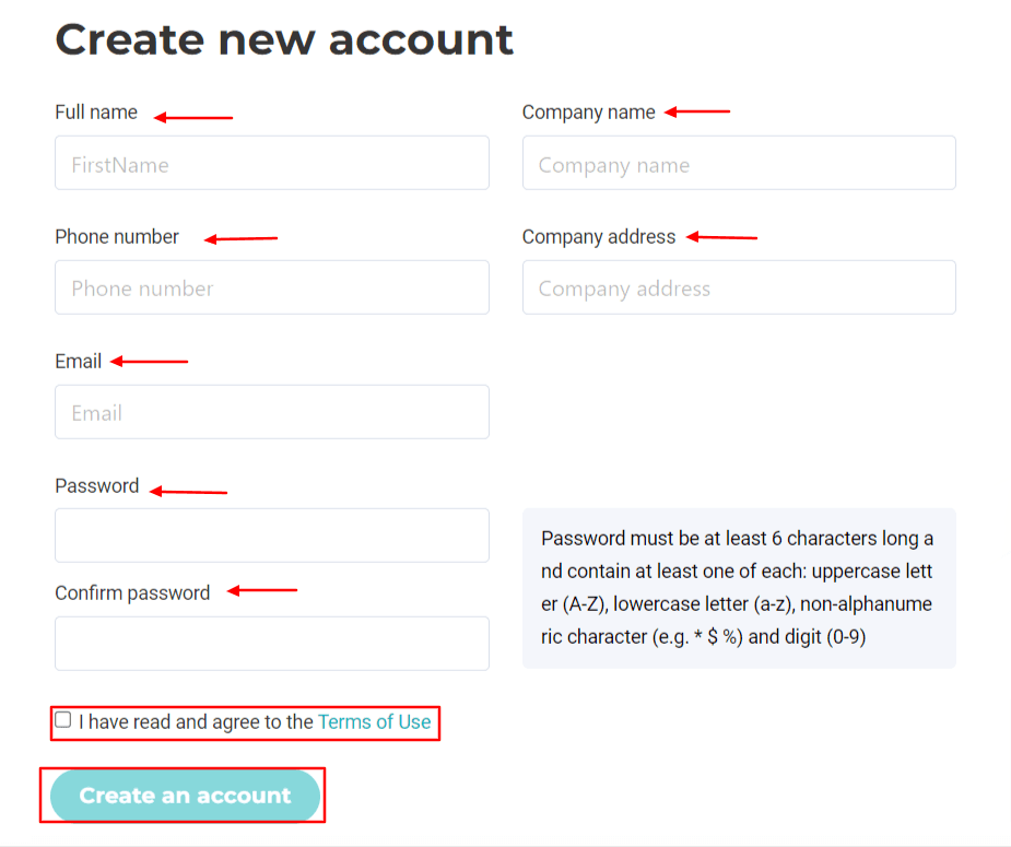 Fill in the indicated fields, check “I have read and agree to the Terms of Use” and click “Create an account”