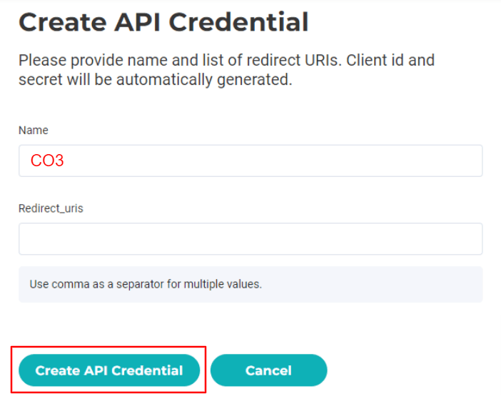 In the “Name” field, enter “CO3” and click “Create API Credential”