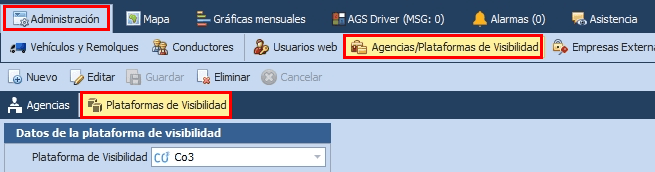 In AGSConecta, go to "Administration" -> "Agencies / Visibility Platforms" -> "Visibility Platform"