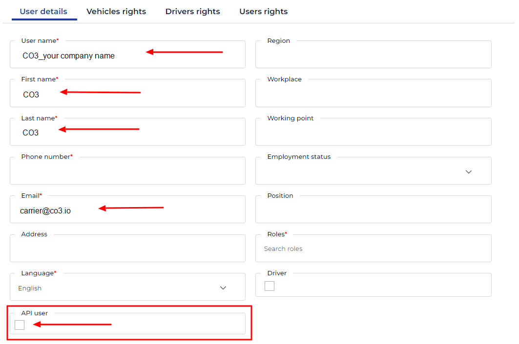 A new window will open. Check the API User box and fill out the fields: "User name", "First name", "Last name" and "Email"