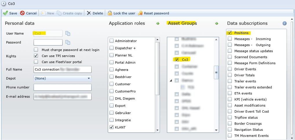 Check "Can use TPI services", select “Co3” group and in “Data subscriptions” check “Positions”