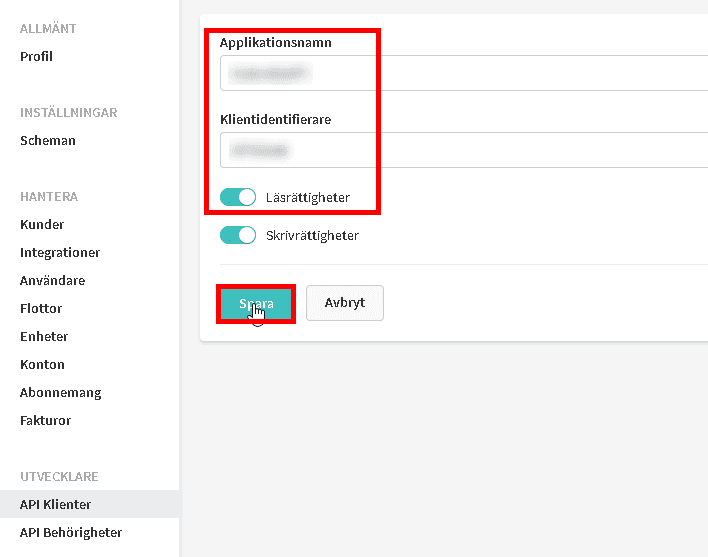 Enter app name and client identifier, check the read permissions and save
