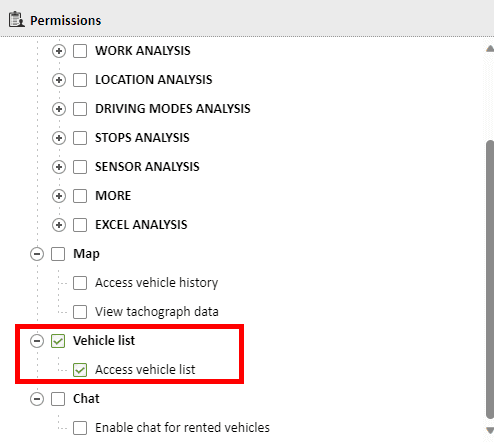 Check the “Access vehicle list” box