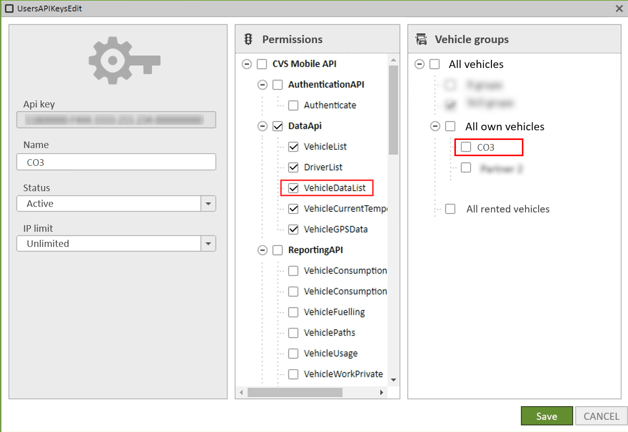 Provide a key name, (e.g., "CO3"), in the permissions check "vehicleDataList", choose the created group or "all vehicles" (same as in step 12), then click "Save"