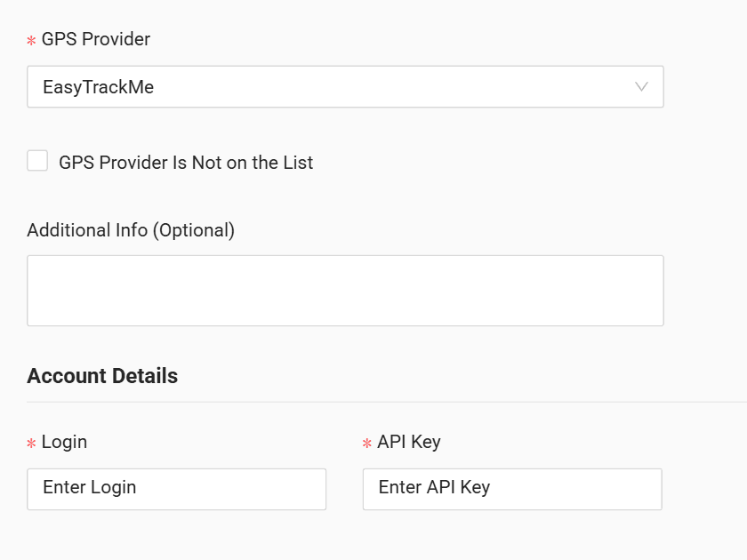 In the “Login” field enter the account name from the API address (the part after /api/ — e.g. for https://api.easytrack.me/api/mycompany/vehicles it is mycompany), and in the “API Key” field enter the token