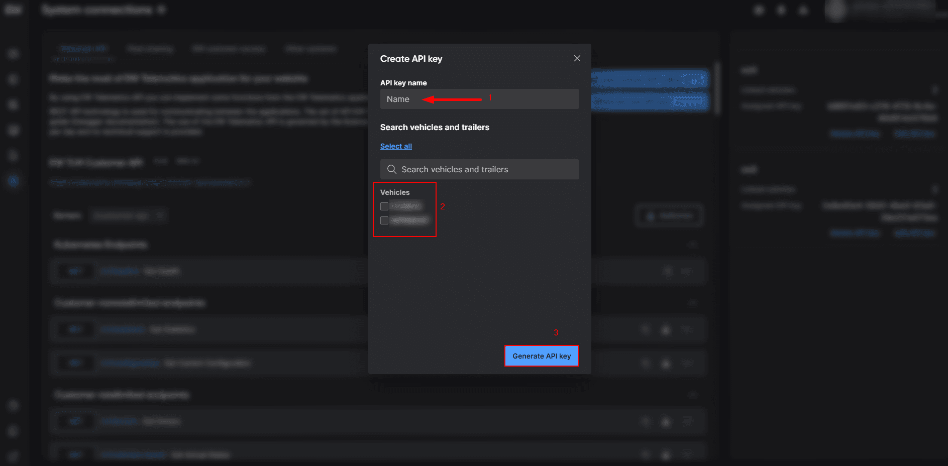 In the “API key name” field enter “CO3”, then select vehicles that you want to share and click "Generate API key"