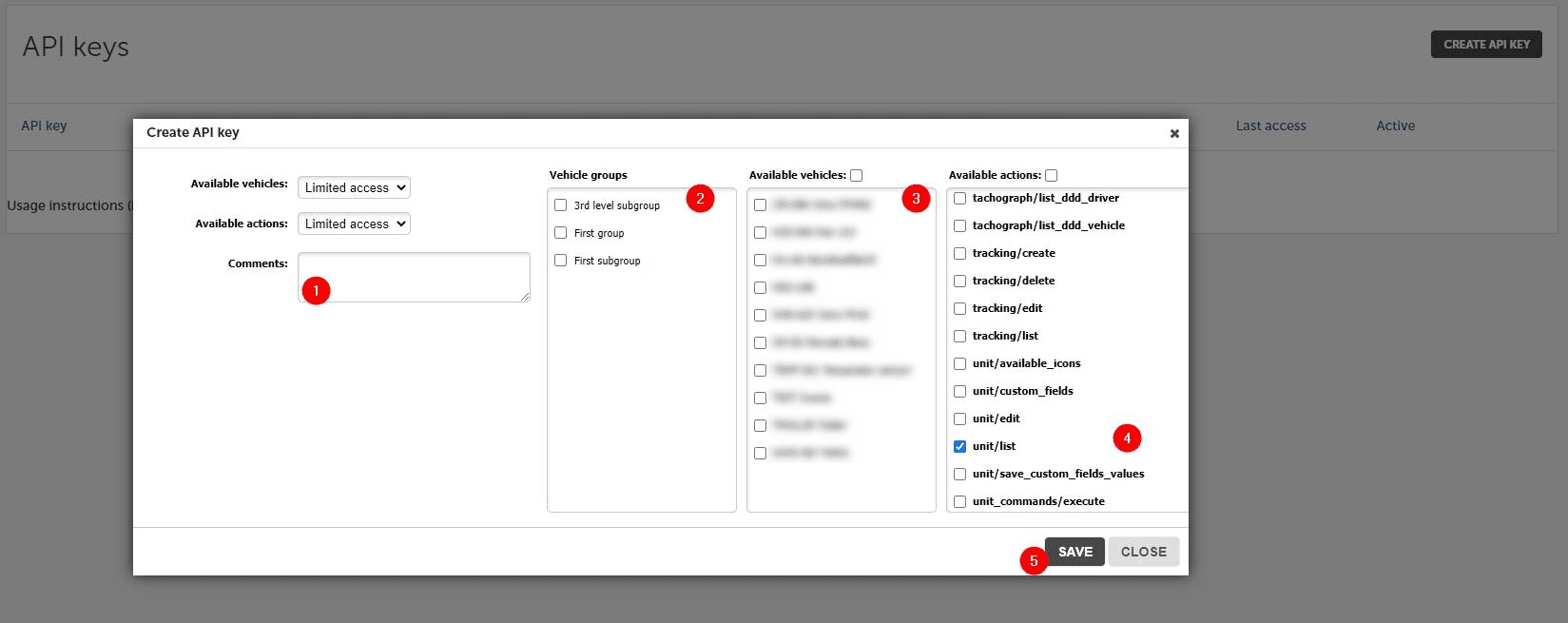 Fill in the required data - permissions and key name in the comments section. Access can be granted only for specific vehicles or for vehicle groups. In the "Available actions" section, select "Limited access", then check the "unit/list" method and click "Save"