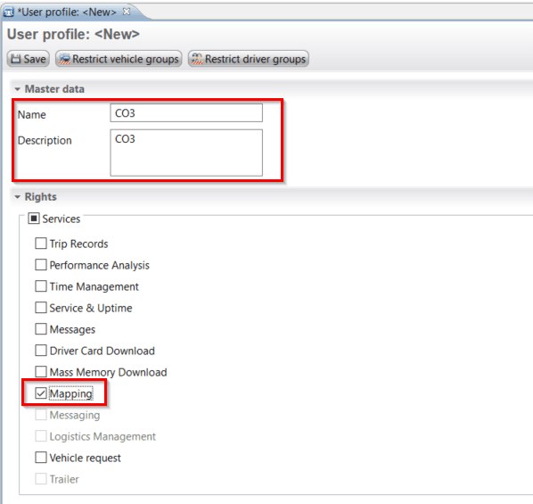 Fill in the fields "Name" and "Description", in section "Rights" check "Mapping" and click "Save"