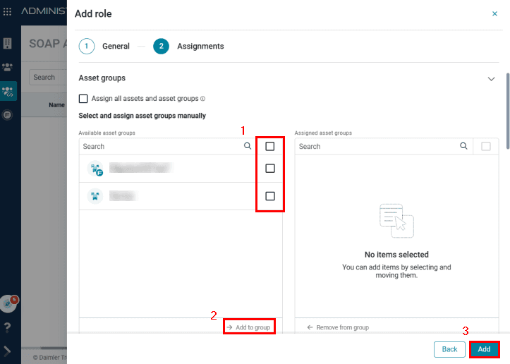 Select "Assign all assets and asset groups" or select only chosen vehicles, then click "Add"