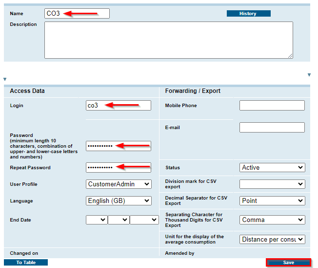 Fill in “Name”, “Login”, “Password” and “Repeat password” fields and click “Save”