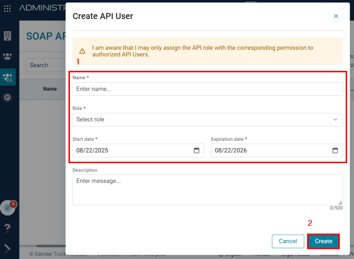 Enter a name, select the role created earlier, set the validity period and click "Create"
