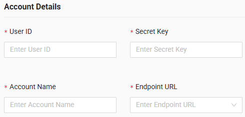 In the form, enter the credentials you saved earlier, enter the account name and select the URL