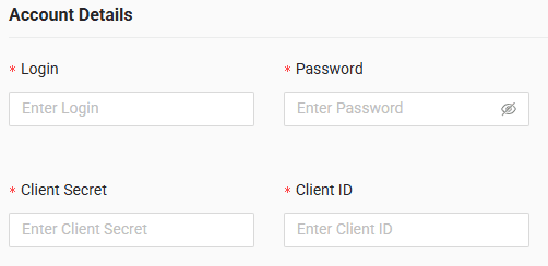 In the form, enter the Client Secret and Client ID received from the provider, as well as the username and password for the user you created