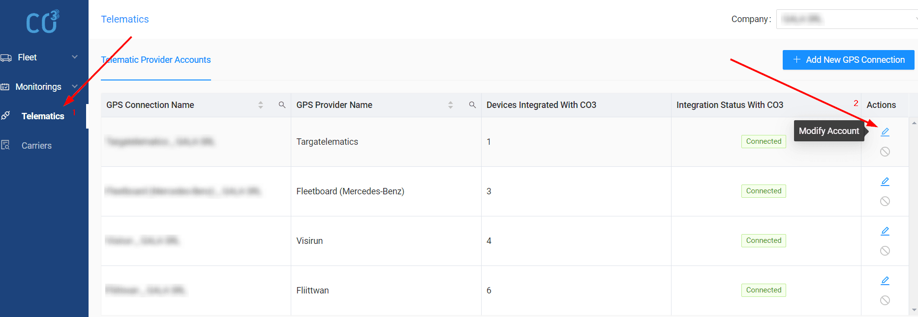 If the access data is correct, the account configuration will be successful
Attention! After resetting the password the integration stops working. You need to configure it again according to the instruction and enter new credentials on CO3 platform. In order to do it you need to click “Modify Account” in the “Telematics” section.