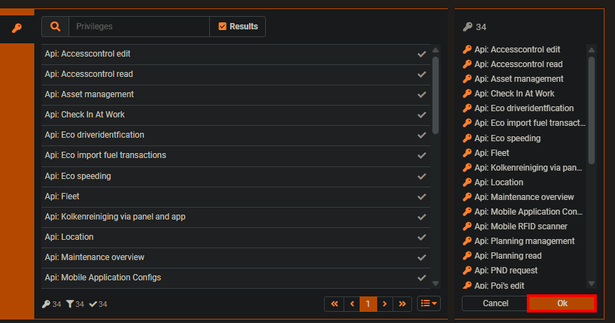 Select every privilege starting with "Api:" and click "Ok"