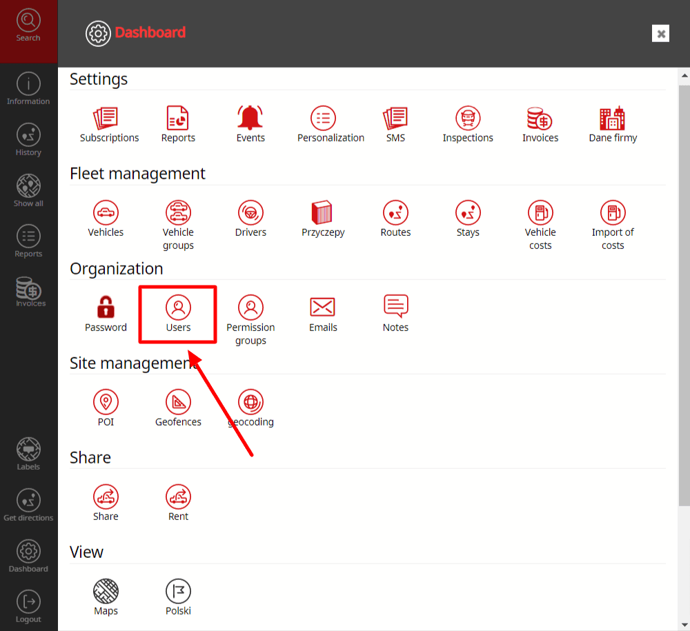 In the “Organization” section select “Users”