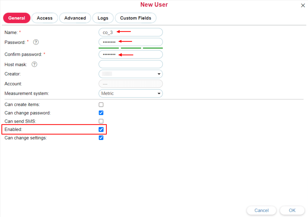 Fill in the “Name”, “Password”, and “Confirm password” fields, and check the “Enabled” option