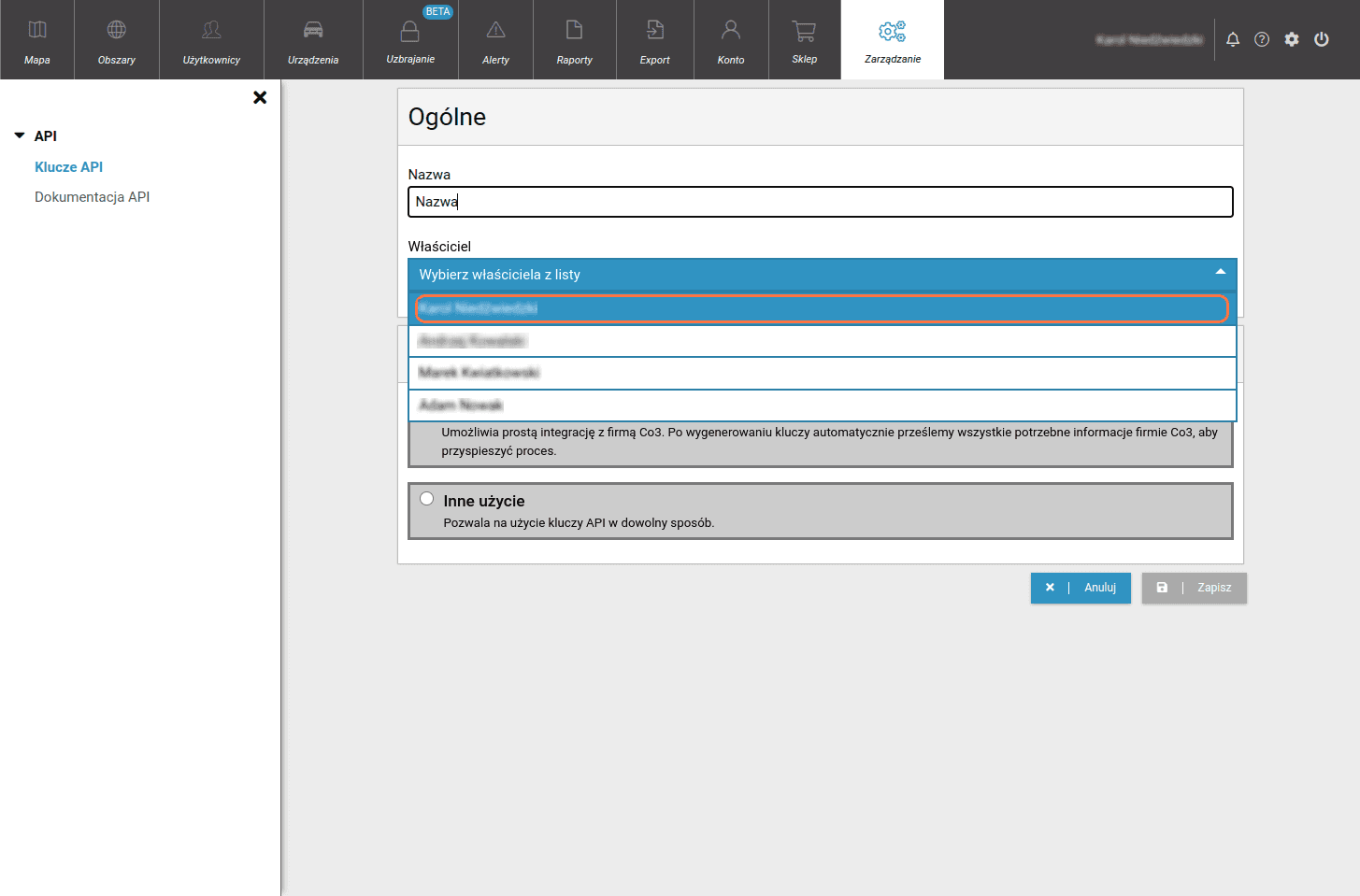 Select the key owner
The API key will have the same permissions as its owner