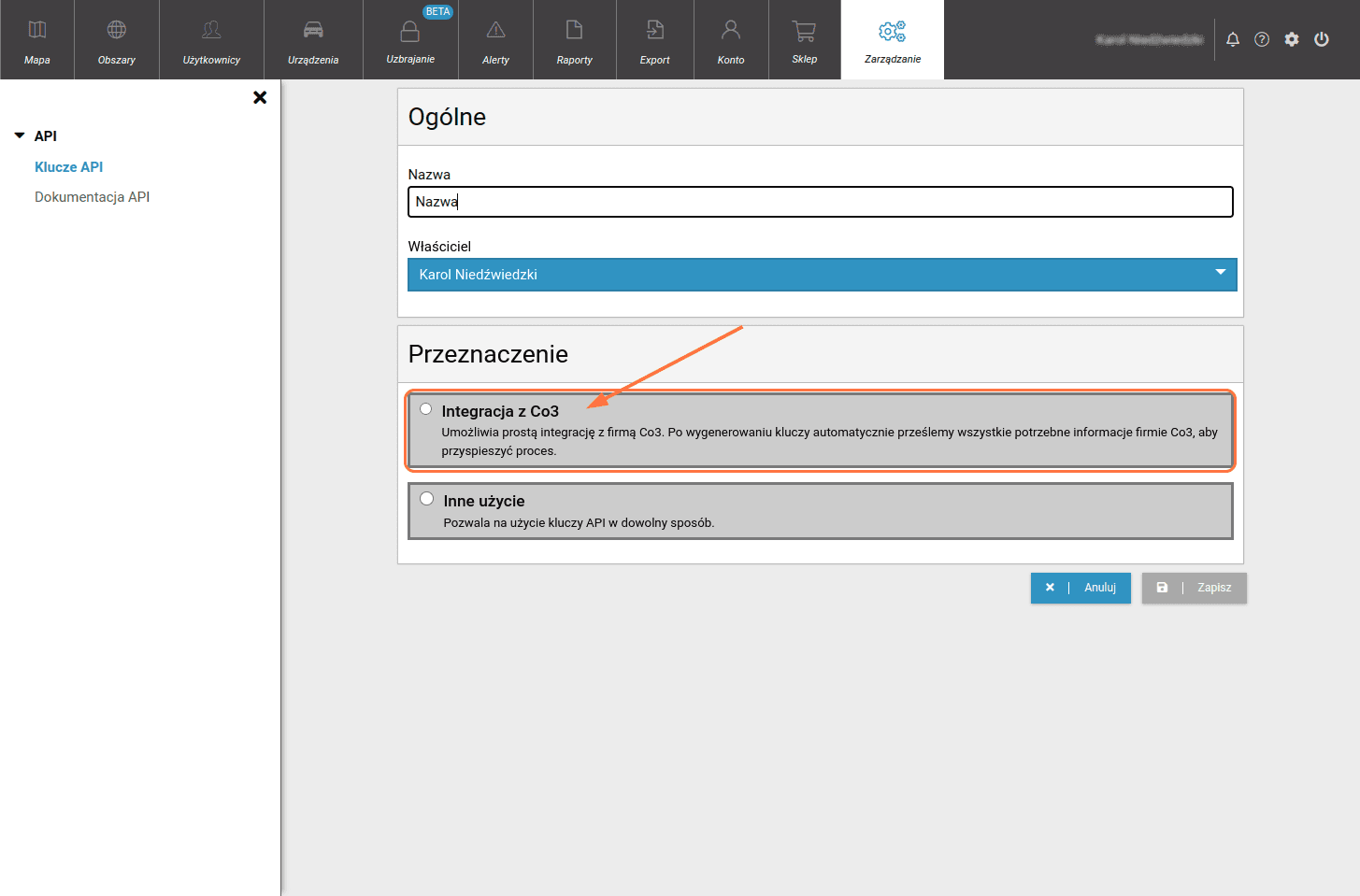 In the "Purpose" section select "Integration with Co3"