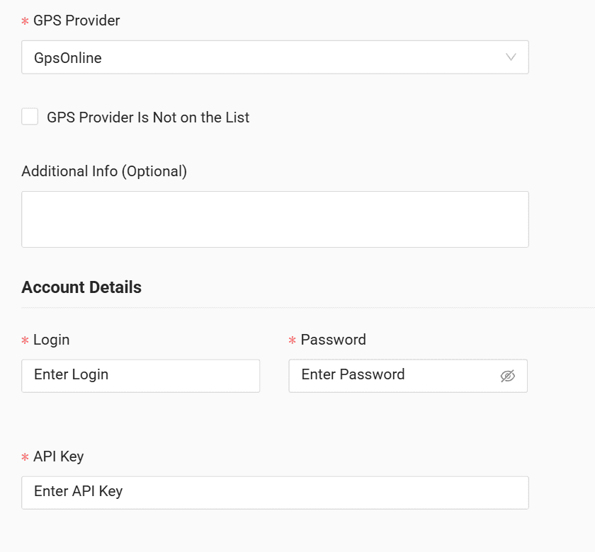 In the form enter the login, password and API key received from your GPS provider