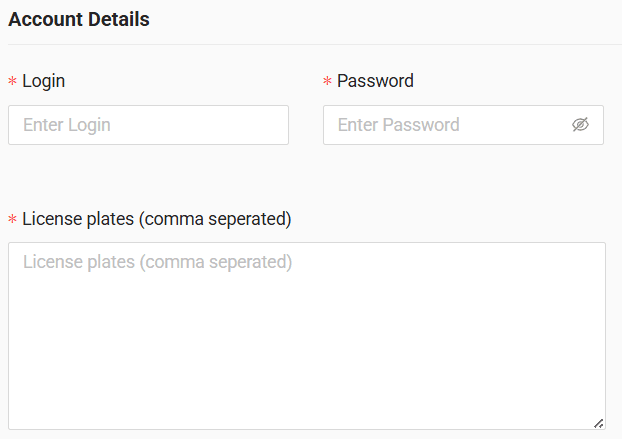 In the form enter username and password received from the GPS provider and comma seperated license plates