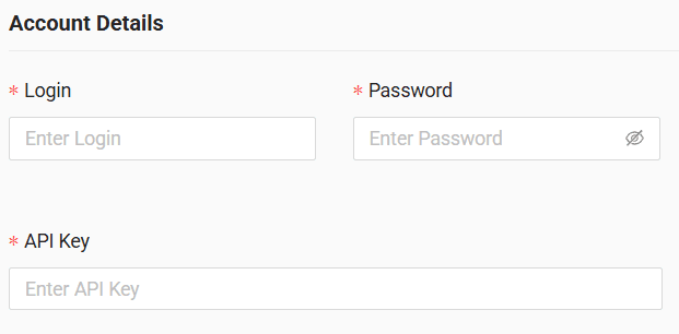 Paste the generated token into the "API key field" and enter your login and password in the form