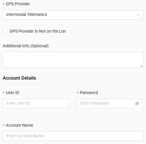 In the form, enter user ID, password and account name received from your GPS provider