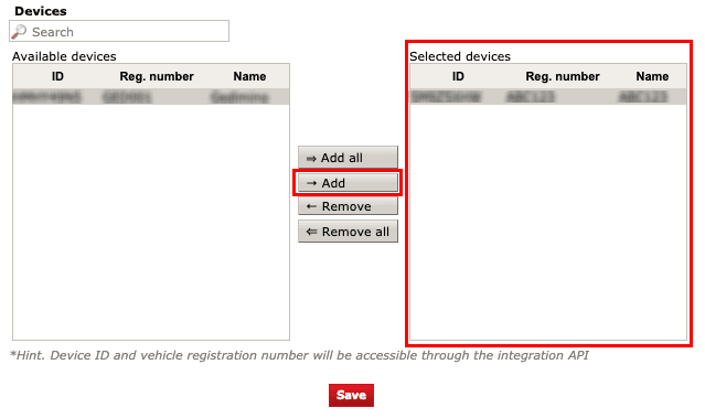 If you want to share only some of your vehicles, select them and click "Add" so they appear in the "Selected devices" list