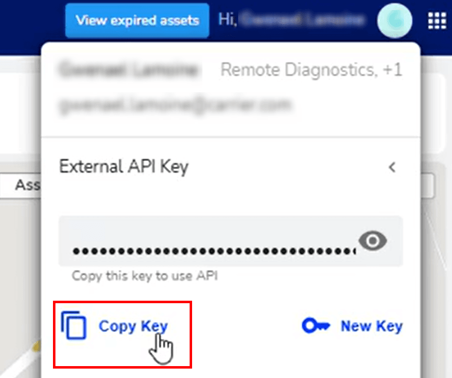 Select "External API Key" and click "Copy Key" to copy the API key
