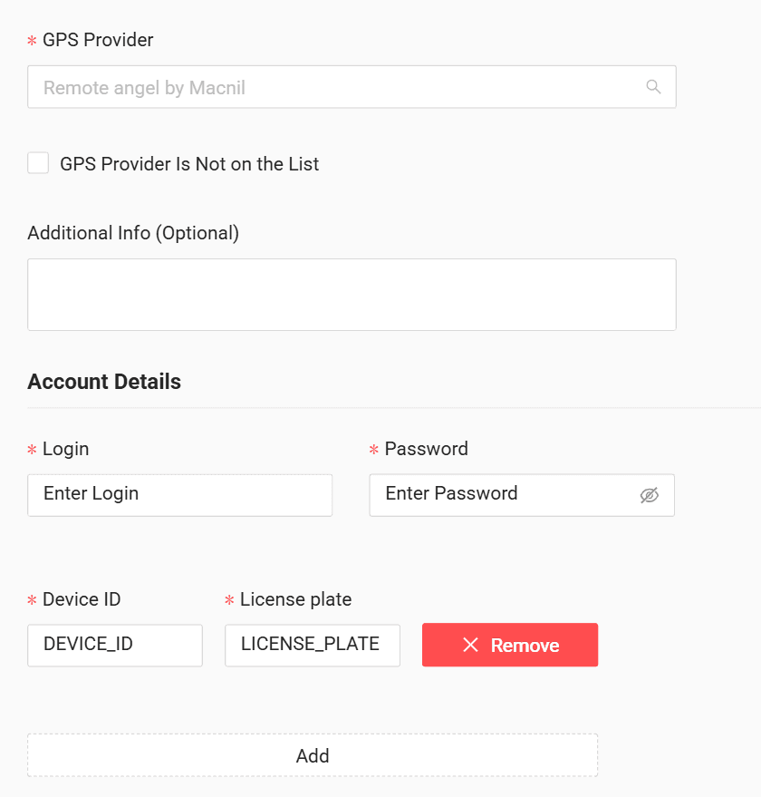 In the form enter the login and password received from your GPS provider
and add your vehicle list — for each vehicle the Device ID and the License Plate