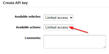 In the “Available actions”, select “Limited access” and check “unit/list”
If you want to share additional data with CO3 (e.g. fuel level) make sure to check it on the list as well