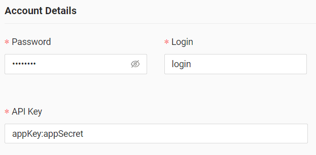 In the form, enter the access data received from the GPS provider — login, password and API key
The API key must be in the format appKey:appSecret! For example, if the appKey is 12345 and the appSecret is 67890, enter "12345:67890"