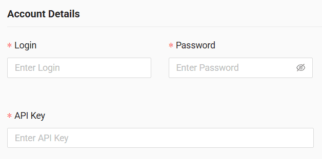 In the form, enter the access data received from the GPS provider — login, password and API key