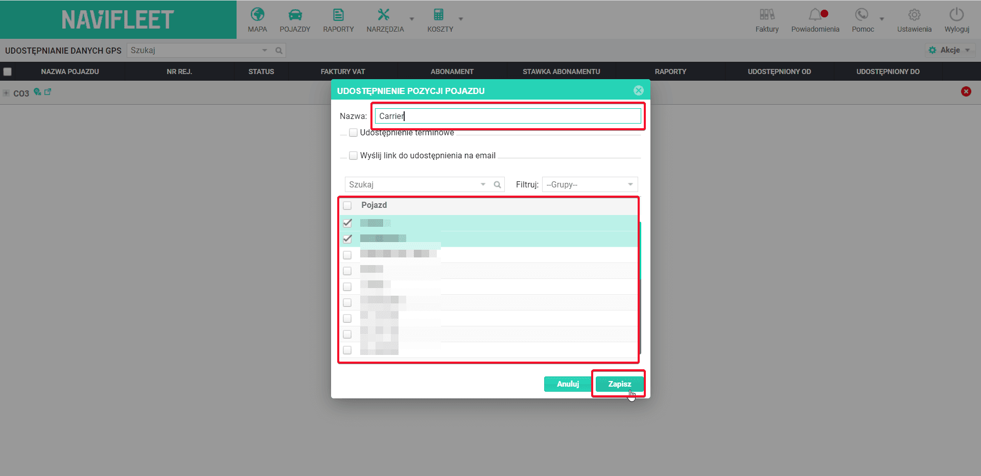 Enter the sharing name, select the vehicles you want to share, and click "Save"
