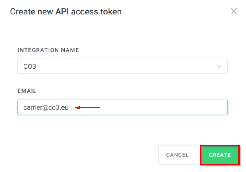 Enter e-mail -> “carrier@co3.io” and click on “Create”