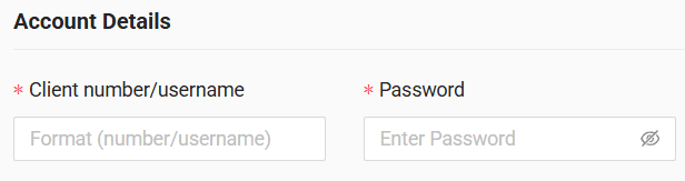 In the form, enter your client number/created username and password
