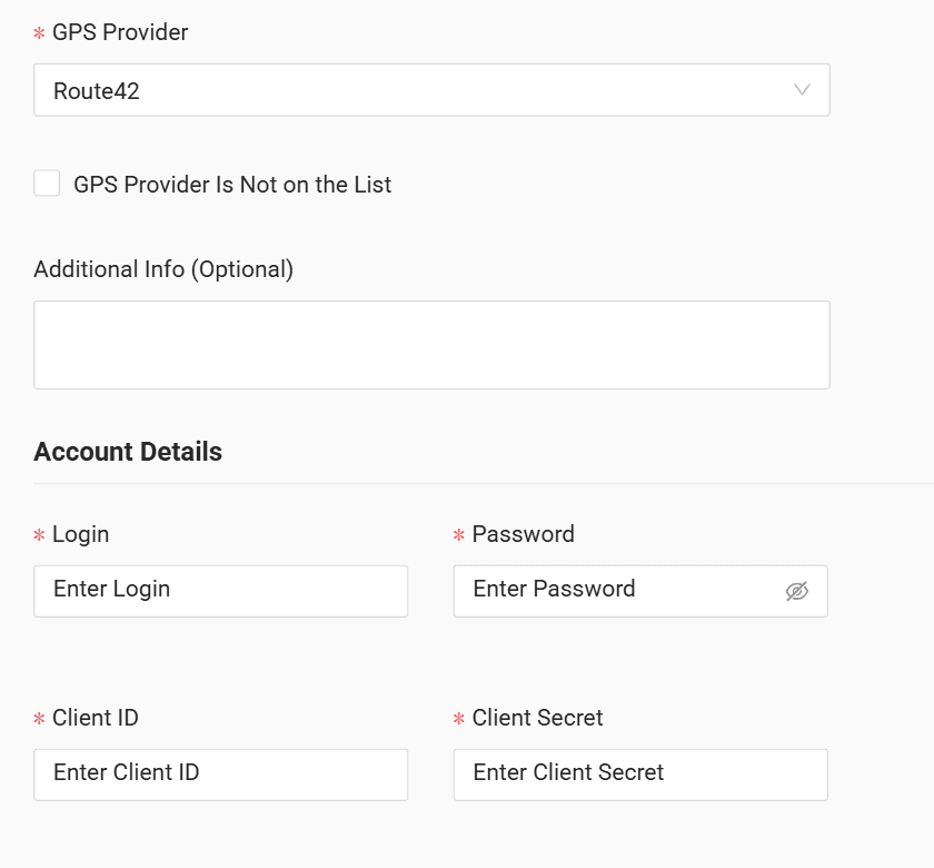In the form enter the login, password, Client ID and Client Secret received from your GPS provider