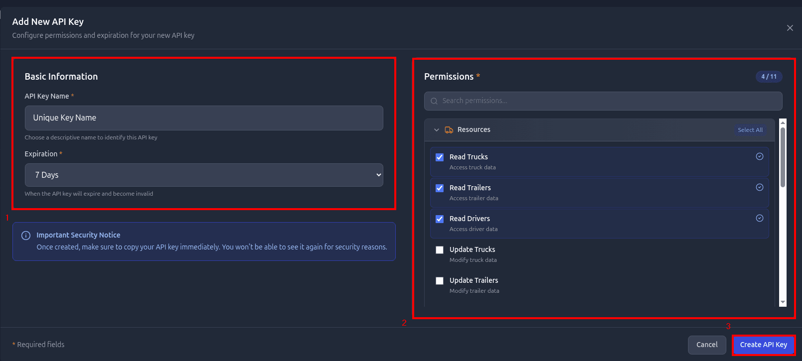 Fill in the form: key name, expiration period and the required permissions and click "Create API key"