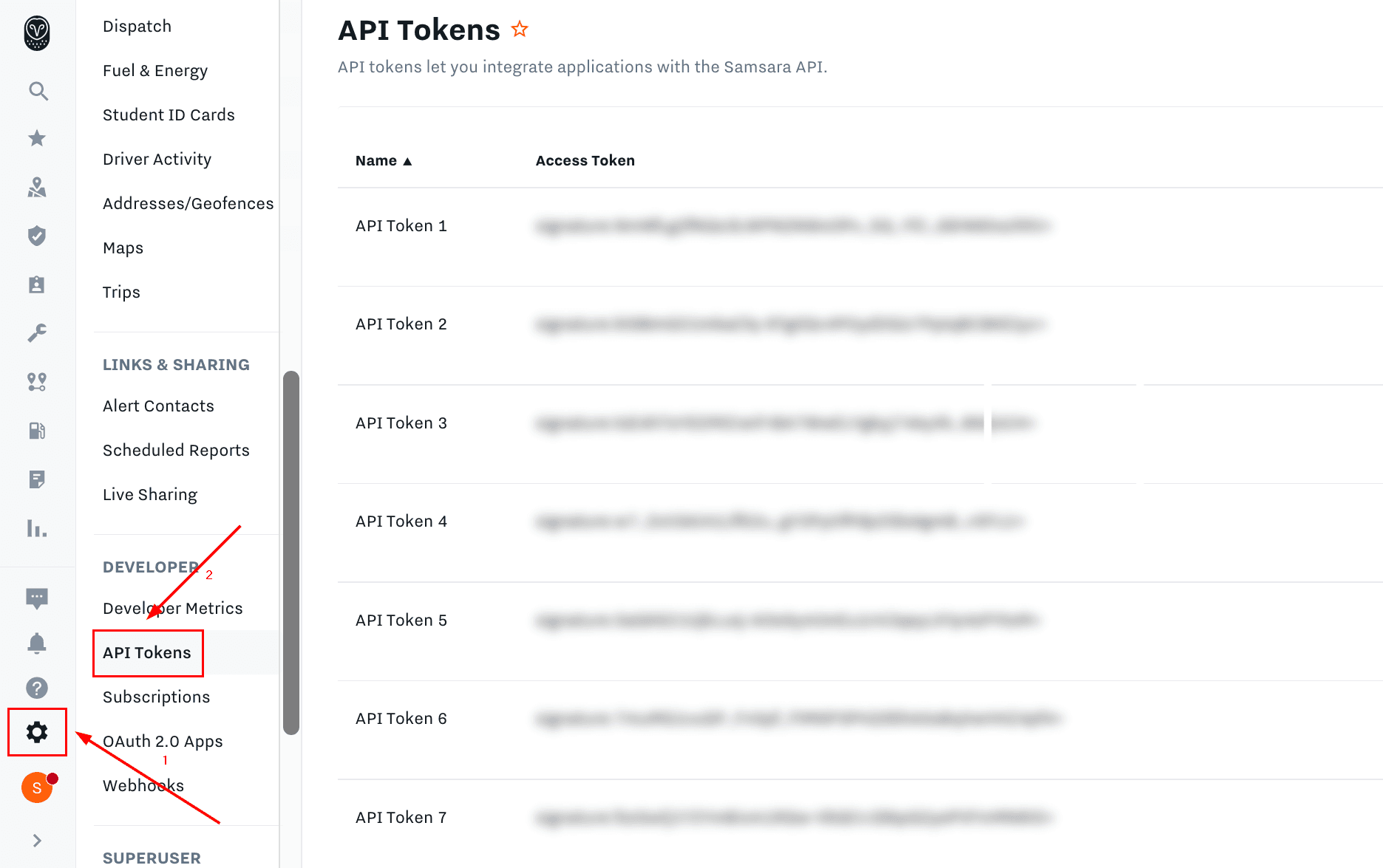Click on the gear icon, then select "API Tokens"
