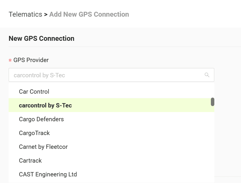 Select your GPS provider from the list
