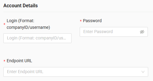 In the form, enter login, password and URL
Attention! Your login must be in the format company ID/login!