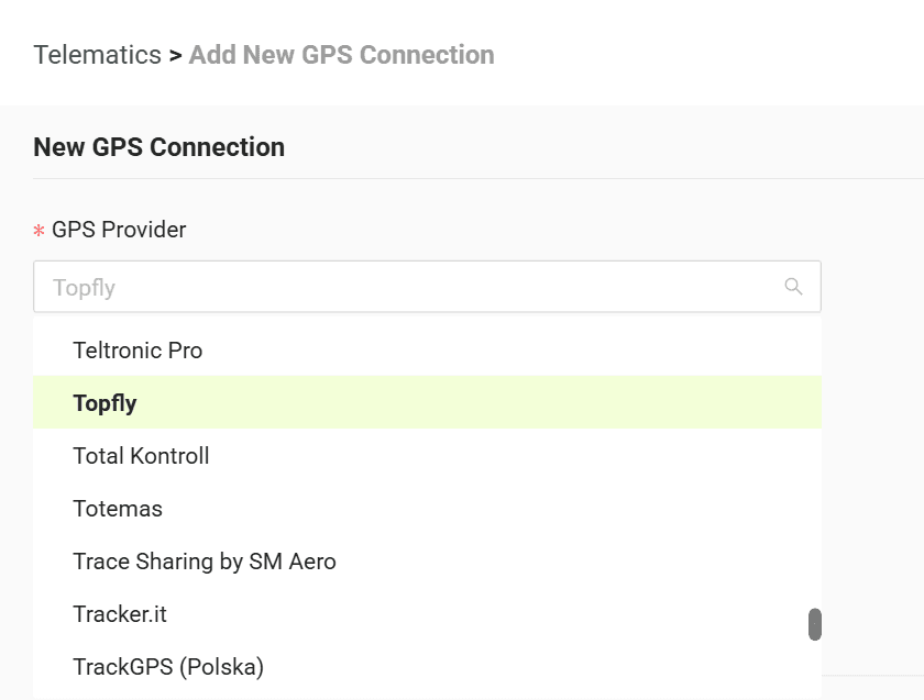 Select your GPS provider from the list