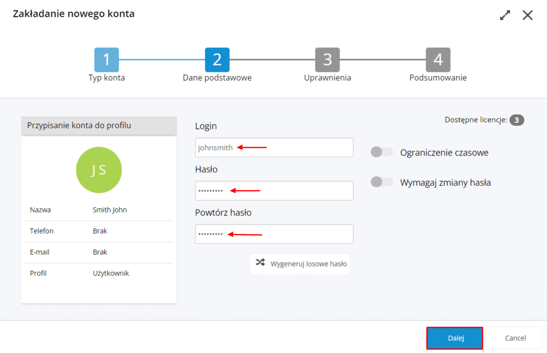 Fill in the “Login”, “Password”, and “Repeat password” fields, then click “Next”