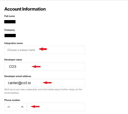 Click “Send request”
In the “Developer email address” field enter "carrier@co3.io"!