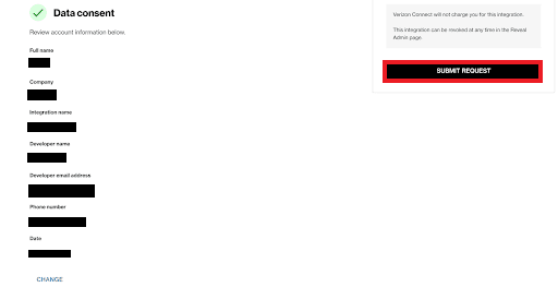 Verify your data before submitting. Click "Submit request" to continue, or "Change" to make corrections